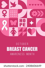 Breast Cancer Awareness Month in october. Bauhaus background with simple shapes and elements. Trendy minimalist card. Vector illustration in neo geometric style. Annual international health campaign.