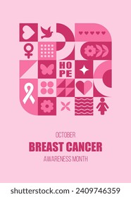 Breast Cancer Awareness Month in october. Bauhaus background with simple shapes and elements. Trendy minimalist card. Vector illustration in neo geometric style. Annual international health campaign.