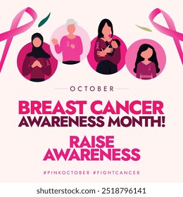 Breast Cancer Awareness Month October. Breast cancer month awareness banner, post with women of all ages, pink ribbon. The day raise awareness of this complex disease.Theme for 2024 is live pink