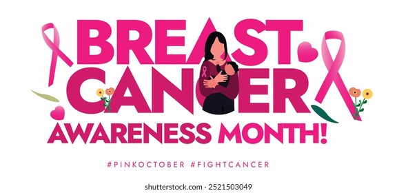 Breast Cancer Awareness Month. October month for Breast cancer awareness cover banner,  post with pink ribbons, woman holding baby. The annual campaign is to raise awareness of this complex disease.