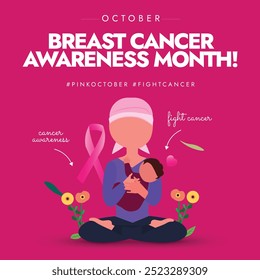 Breast Cancer Awareness Month. October Breast cancer awareness banner, post with a women recovering from cancer holding her baby. The month is an annual campaign to raise awareness of this disease. 