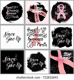 Breast cancer awareness, month of October, ribbon background set. Vector set of pink ribbons and calligraphy with quotes for cards, posters, flyers or badges.
