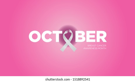 Breast Cancer awareness month paper cut greeting card illustration of pink silk ribbon with paper cutout woman hands for health campaign concept.