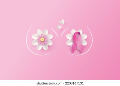 Breast cancer awareness month. paper cut style with flowers and pink ribbin.