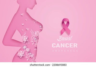 
Breast cancer awareness month. paper cut style with flowers and pink ribbin.