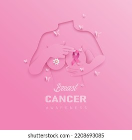 
Mes de concienciación sobre el cáncer de mama. estilo de corte de papel con flores y cinta rosada.