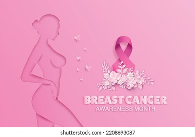 
Breast cancer awareness month. paper cut style with flowers and pink ribbin.