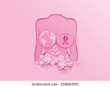 
Breast cancer awareness month. paper cut style with flowers and pink ribbin.