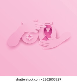 
Breast cancer awareness month. paper cut style with flowers and pink ribbin.