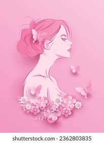 Breast cancer awareness month. paper cut  woman with flowers and pink ribbin.