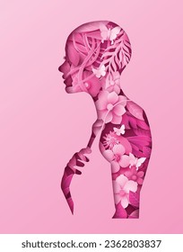 Breast cancer awareness month. paper cut  woman with flowers and pink ribbin.