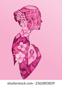 Mes de concienciación sobre el cáncer de mama. mujer cortada de papel con flores y cinta rosada.