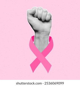 Mes de concienciación sobre el cáncer de mama, corte de papel levantado el puño sobre fondo texturizado rosa. Cinta rosa, símbolo de esperanza y lucha contra la enfermedad.