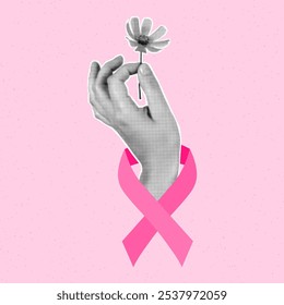 Mes de la conciencia del cáncer de mama, mano cortada de papel que sostiene la flor sobre fondo texturizado rosa. Cinta rosa, símbolo de esperanza.