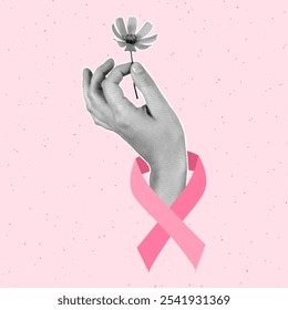 Mes de la conciencia del cáncer de mama, mano cortada de papel que sostiene la flor sobre fondo texturizado rosa. Cinta rosa, símbolo de esperanza y lucha contra las enfermedades.