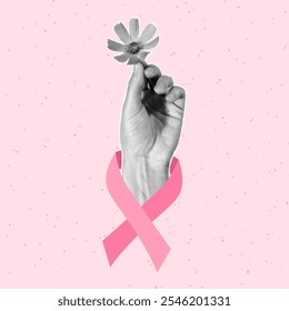 Mes de la conciencia del cáncer de mama, mano cortada de papel que sostiene la flor sobre fondo texturizado rosa. Cinta rosa, símbolo de esperanza y lucha, la salud de las mujeres.