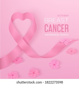 Breast cancer awareness month. Photorealistic pink ribbon, Phlox flowers on a light pink background. Vector illustration.