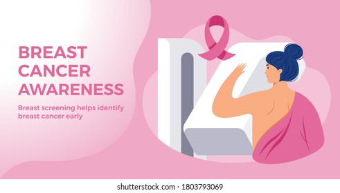 Breast Cancer Awareness month pink banner template - a woman at hospital breast cancer screening with a breast cancer pink ribbon on pink background. Vector illustration in flat style