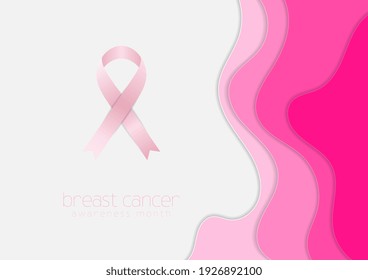 Breast cancer awareness month. Pink paper wavy background and ribbon tape. Women healthcare abstract vector design