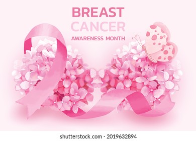 Breast cancer awareness month with pink ribbon and hydrangea flowers concept