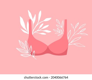 Breast Cancer Awareness month. Pink, minimalistic poster design with bra and flowers. October is Cancer Awareness Month