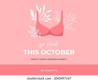 Breast Cancer Awareness month. Pink, minimalistic poster design with bra and flowers. October is Cancer Awareness Month