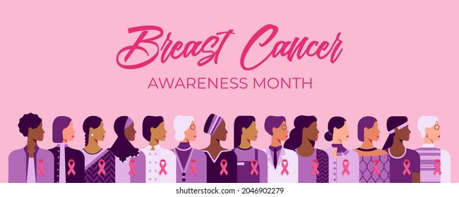 Breast cancer awareness month. Pink October web banner. Cancer prevention and women support vector medical concept. Group of women of diverse age, races and occupation wearing pink ribbons for breast 