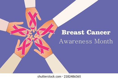 Breast Cancer Awareness Month. Pink ribbon sign. People's open palms hold a ribbon against a purple horizontal banner. Vector.