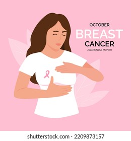 Breast cancer awareness month. A pink badge ribbon on woman chest to support breast cancer cause.Vector illustration