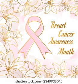 Breast cancer awareness month. Pink ribbon with hand drawn floral watercolor golden background.