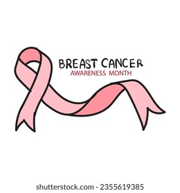Breast cancer awareness month Pink ribbon in hand drawn doodle style vector illustration.