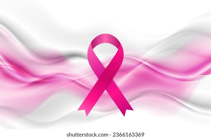 Breast cancer awareness month. Pink ribbon tape and smooth waves concept pattern. Women healthcare abstract background. Vector illustration