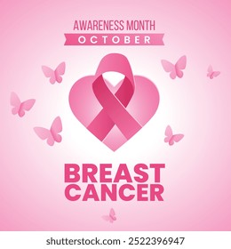 Breast Cancer Awareness Month. Pink October. Observed every year in October. Breast cancer awareness month with ribbon and typography banner design on pink and grey background Vector EPS.