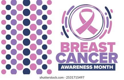 Mes de Concientización sobre el Cáncer de Mama. Octubre rosa. Cinta rosa. Salud de la mujer. Celebra anualmente. Concepto médico. Solidaridad con las niñas. Prevención del cáncer. Enfermedad femenina. Cartel, Anuncio y fondo. Vector