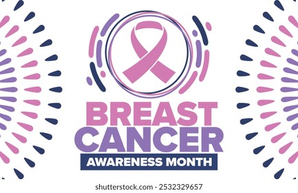 Mês de Conscientização sobre o Câncer de Mama. outubro rosa. Fita rosa. Saúde da mulher. Comemore anualmente. Conceito médico. Solidariedade feminina. Prevenção do câncer. Doença feminina. Cartaz, faixa e fundo. Vetor