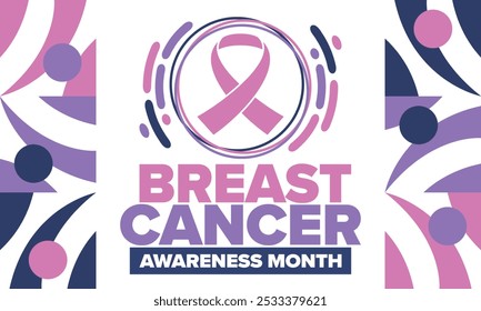 Mes de Concientización sobre el Cáncer de Mama. Octubre rosa. Cinta rosa. Salud de la mujer. Celebra anualmente. Concepto médico. Solidaridad con las niñas. Prevención del cáncer. Enfermedad femenina. Cartel, Anuncio y fondo. Vector