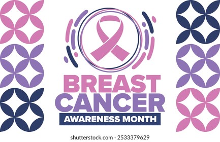 Mes de Concientización sobre el Cáncer de Mama. Octubre rosa. Cinta rosa. Salud de la mujer. Celebra anualmente. Concepto médico. Solidaridad con las niñas. Prevención del cáncer. Enfermedad femenina. Cartel, Anuncio y fondo. Vector