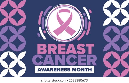 Mes de Concientización sobre el Cáncer de Mama. Octubre rosa. Cinta rosa. Salud de la mujer. Celebra anualmente. Concepto médico. Solidaridad con las niñas. Prevención del cáncer. Enfermedad femenina. Cartel, Anuncio y fondo. Vector