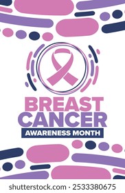 Mes de Concientización sobre el Cáncer de Mama. Octubre rosa. Cinta rosa. Salud de la mujer. Celebra anualmente. Concepto médico. Solidaridad con las niñas. Prevención del cáncer. Enfermedad femenina. Cartel, Anuncio y fondo. Vector