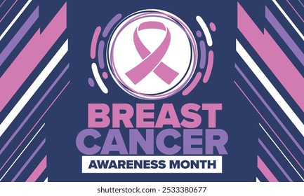 Mes de Concientización sobre el Cáncer de Mama. Octubre rosa. Cinta rosa. Salud de la mujer. Celebra anualmente. Concepto médico. Solidaridad con las niñas. Prevención del cáncer. Enfermedad femenina. Cartel, Anuncio y fondo. Vector