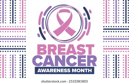 Mes de Concientización sobre el Cáncer de Mama. Octubre rosa. Cinta rosa. Salud de la mujer. Celebra anualmente. Concepto médico. Solidaridad con las niñas. Prevención del cáncer. Enfermedad femenina. Cartel, Anuncio y fondo. Vector