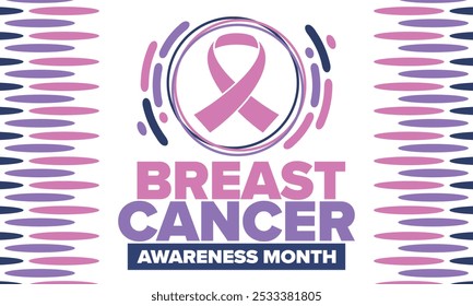 Mes de Concientización sobre el Cáncer de Mama. Octubre rosa. Cinta rosa. Salud de la mujer. Celebra anualmente. Concepto médico. Solidaridad con las niñas. Prevención del cáncer. Enfermedad femenina. Cartel, Anuncio y fondo. Vector