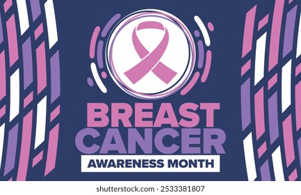 Mes de Concientización sobre el Cáncer de Mama. Octubre rosa. Cinta rosa. Salud de la mujer. Celebra anualmente. Concepto médico. Solidaridad con las niñas. Prevención del cáncer. Enfermedad femenina. Cartel, Anuncio y fondo. Vector