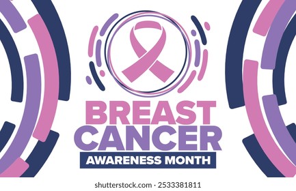 Mes de Concientización sobre el Cáncer de Mama. Octubre rosa. Cinta rosa. Salud de la mujer. Celebra anualmente. Concepto médico. Solidaridad con las niñas. Prevención del cáncer. Enfermedad femenina. Cartel, Anuncio y fondo. Vector