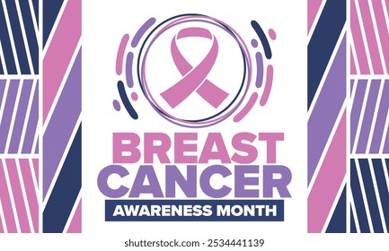 Mes de Concientización sobre el Cáncer de Mama. Octubre rosa. Cinta rosa. Salud de la mujer. Celebra anualmente. Concepto médico. Solidaridad con las niñas. Prevención del cáncer. Enfermedad femenina. Cartel, Anuncio y fondo. Vector