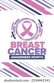 Mes de Concientización sobre el Cáncer de Mama. Octubre rosa. Cinta rosa. Salud de la mujer. Celebra anualmente. Concepto médico. Solidaridad con las niñas. Prevención del cáncer. Enfermedad femenina. Cartel, Anuncio y fondo. Vector