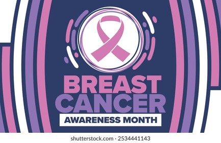 Mes de Concientización sobre el Cáncer de Mama. Octubre rosa. Cinta rosa. Salud de la mujer. Celebra anualmente. Concepto médico. Solidaridad con las niñas. Prevención del cáncer. Enfermedad femenina. Cartel, Anuncio y fondo. Vector