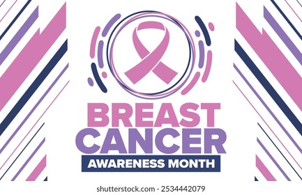 Mes de Concientización sobre el Cáncer de Mama. Octubre rosa. Cinta rosa. Salud de la mujer. Celebra anualmente. Concepto médico. Solidaridad con las niñas. Prevención del cáncer. Enfermedad femenina. Cartel, Anuncio y fondo. Vector