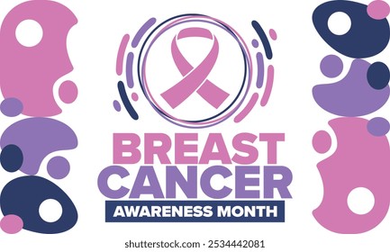 Mes de Concientización sobre el Cáncer de Mama. Octubre rosa. Cinta rosa. Salud de la mujer. Celebra anualmente. Concepto médico. Solidaridad con las niñas. Prevención del cáncer. Enfermedad femenina. Cartel, Anuncio y fondo. Vector