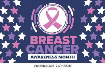 Mes de Concientización sobre el Cáncer de Mama. Octubre rosa. Cinta rosa. Salud de la mujer. Celebra anualmente. Concepto médico. Solidaridad con las niñas. Prevención del cáncer. Enfermedad femenina. Cartel, Anuncio y fondo. Vector